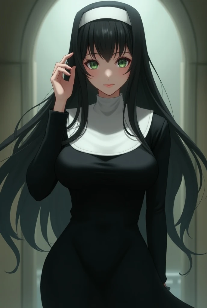 (anime)  Girl with long hair, blacks. green eyes.  big breasts, slender, dressed as a nun