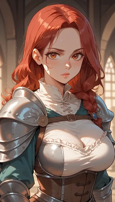 a young medieval style warrior, red hair, sexy body, armor, costume, voluptuous bust, big breasts, straight hair