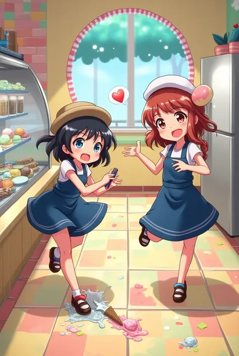 With anime art , I want two cheerful friends working at an ice cream shop ,  one is clumsily dropping ice cream on the floor and the other is trying to help