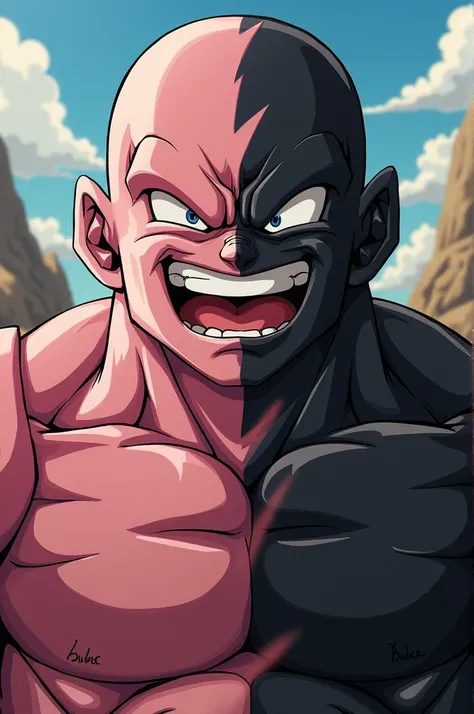  Majin Buu with a big smile ,  his eyes shining with joy ,  while Goku Black is shown with a dark expression ,  with a frown and a look full of frustration . They are in a desolate landscape ,  with a clear contrast between Buus carefree happiness and the ...