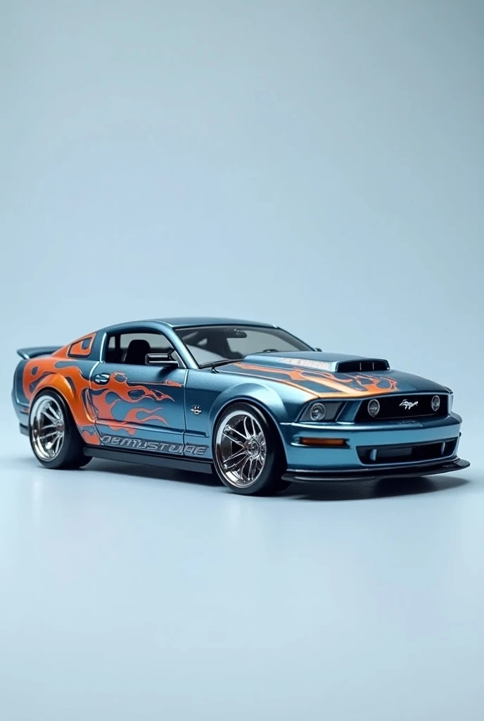  Image of a platinum blue Mustang , with flames on the sides ,  model car with chrome wheels