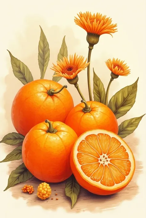 An illustrated work that includes two elements: tangerines and flowers by cempasuchil 