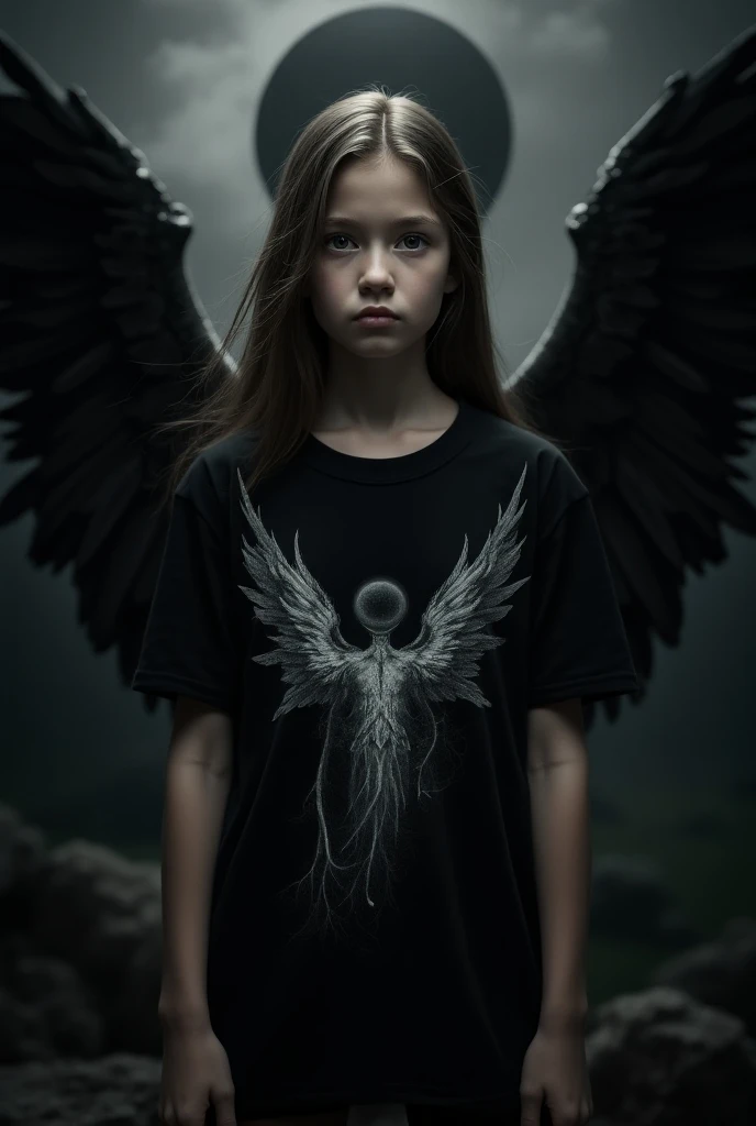 generate an image of a girl wearing a t-shirt with a picture of Lucifer with open wings and a black sun in the background