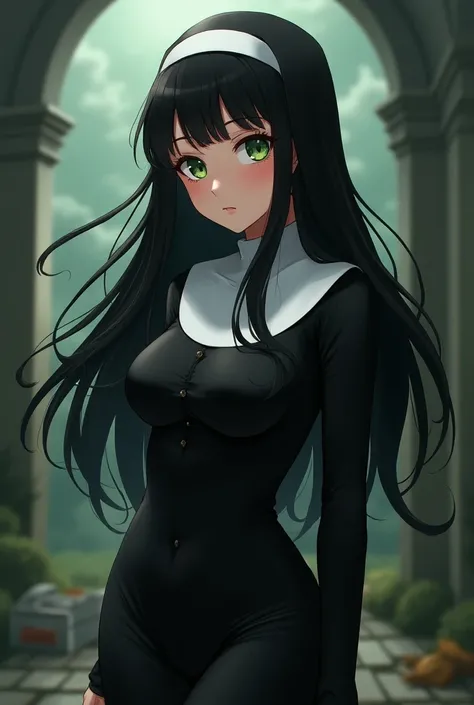 (anime)  Girl with long hair, blacks. green eyes.  big breasts, slender, dressed as a nun