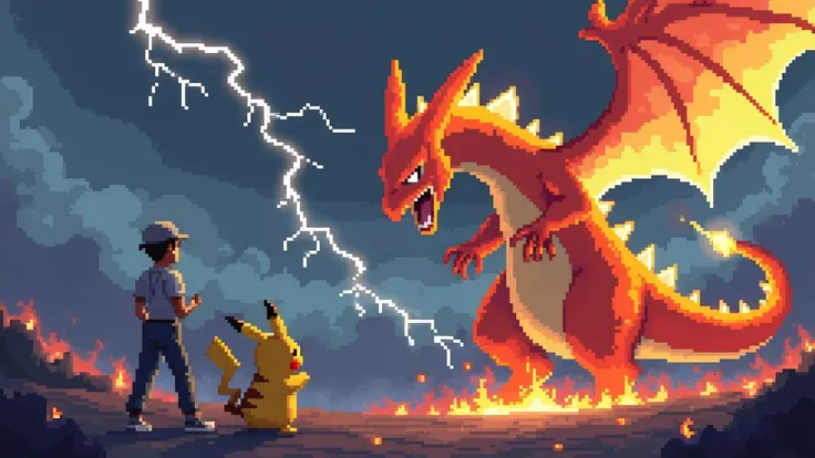 A pixel art of Pokémon where Pikachu faces Charizard in an epic battle. Charizard is far away from Pikachu and its trainer. The environment is filled with fire and electricity. The sky is dark filled with dark clouds with incoming lightning. The stage is surrounded by lava.