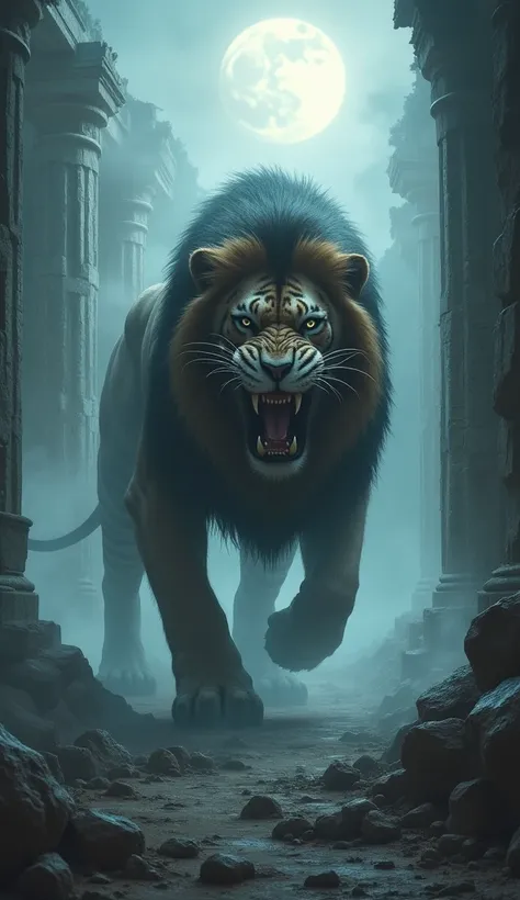 Lion + Sabertooth Tiger: Amid ancient, crumbling ruins surrounded by thick fog, a lion-sabertooth tiger hybrid emerges, its massive saber teeth gleaming in the moonlight. Its powerful body is covered in primal markings, and its deep growl echoes through th...