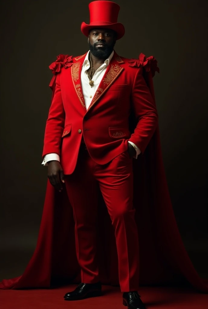 Tall man, strong, African,labia majora, red velvet suit ,  red velvet pants ,  red velvet top hat, black shoe, white blouse,