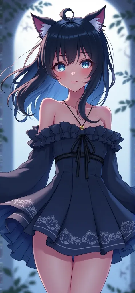  A fantasy anime girl with black hair and cat ears,  a short dress with a mini skirt ,  off the shoulders and long sleeves , and covered neck 