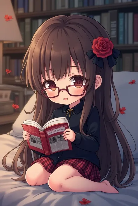 Kawaii brunette long hair glasses busty chibi girl wearing plaid skirt and goth top reading manga