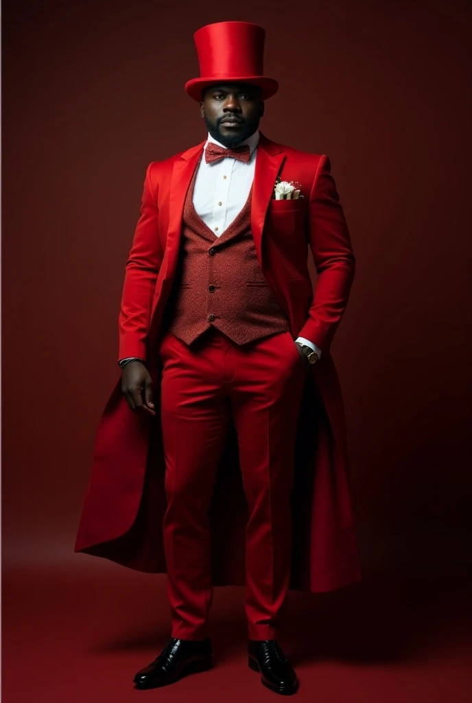 Tall man, strong, African,labia majora, red velvet suit ,  red velvet pants ,  red velvet top hat, black shoe, white blouse,