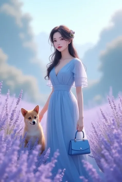  A pretty Asian girl , On the pale cheek ,  is wearing a blue dress in a lavender field,  she is accompanied by her little dog , et,  she has a beautiful blue handbag 