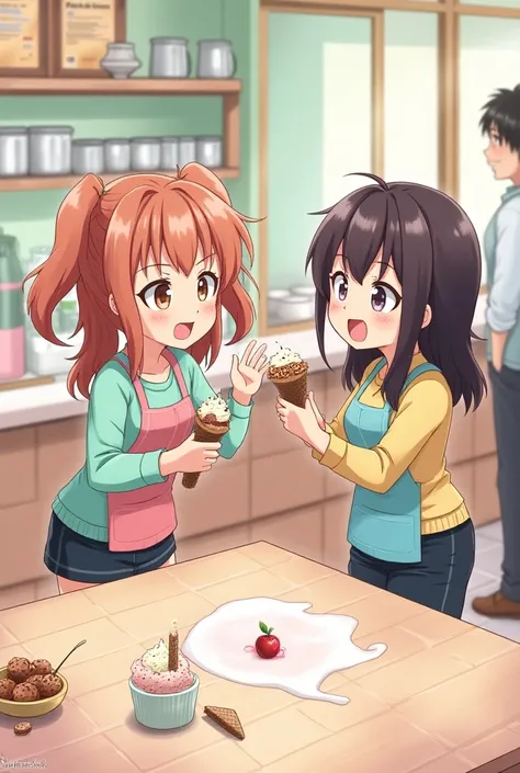 With anime art , I want two cheerful friends working at an ice cream shop , one is clumsily dropping ice cream on the floor while serving a customer and the other is trying to help