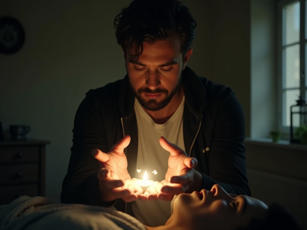 A 25-year-old, skinny, bearded man with dark hair and black casual jacket and white t shirt,places his hands over a wounded person. A glowing light emanates from his palms, healing the persons wounds and restoring their vitality., wide-angle shot, muted co...