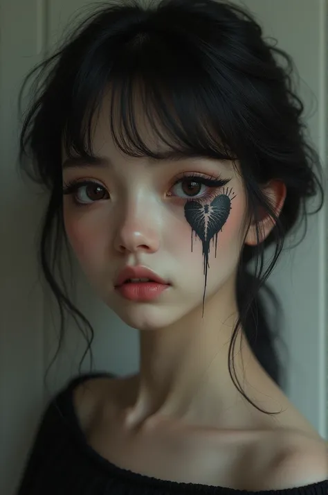 Girl with a tattoo of a broken heart under her left eye 