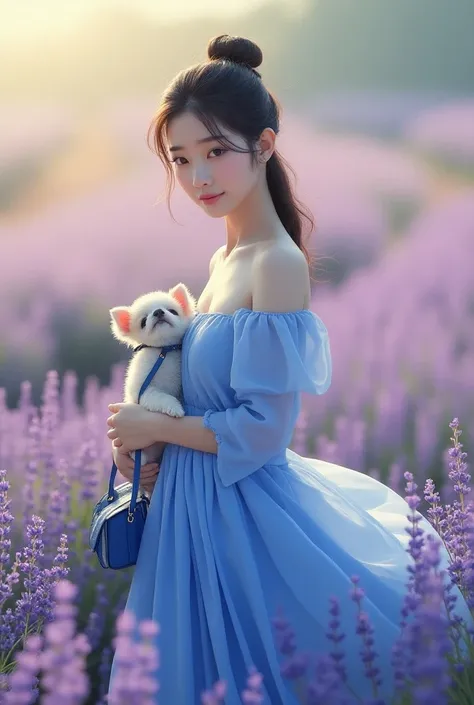  A pretty Asian girl , On the pale cheek ,  is wearing a blue dress in a lavender field,  she is accompanied by her little dog , et, She has a beautiful blue handbag 
This image is very realistic
