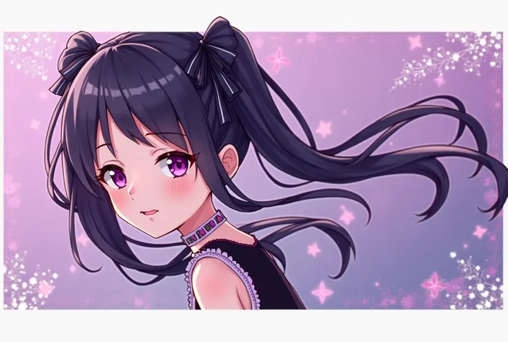 Black Hair,  Twin Tail,  Ribbon Hair Accessory, smile, Close your mouth, Gaze, anime, Gentle colors,  1 girl, background pink 
Clothes are black gothicoota
rimuru