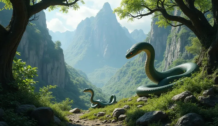 Huge snakes live in mountains and forests（ best quality on the tree，4K，8k， High Resolution，masterpiece：1.2），Super details