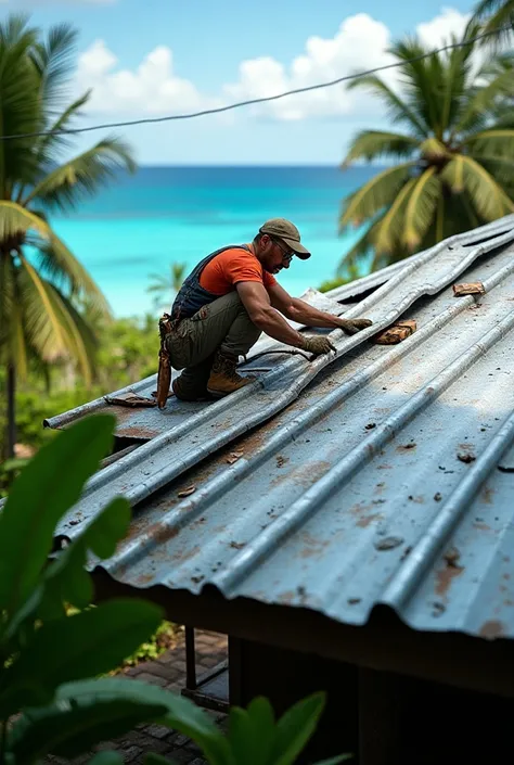 Man installing a galvanized roof on a house on the island of Avaí 