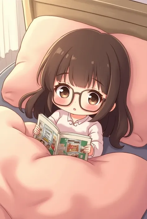 Kawaii brunette long hair glasses busty chibi girl in blankets reading manga