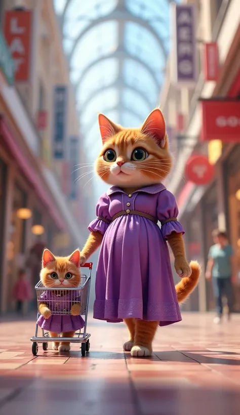 A pregnant female brown fur cat wearing a purple dress with her kitten wearing a purple dress walking in a large mall with a shopping trolley in hand