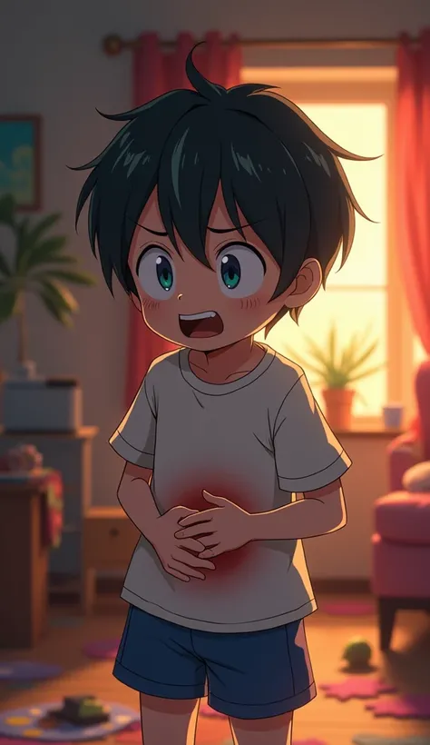 Here’s an anime-style prompt for when the boy grabs his stomach in pain:


---

As the boy savors the last bite of his burger, a sudden jolt of pain shoots through his stomach, causing him to gasp. He clutches his midsection, his eyes widening in shock. Th...