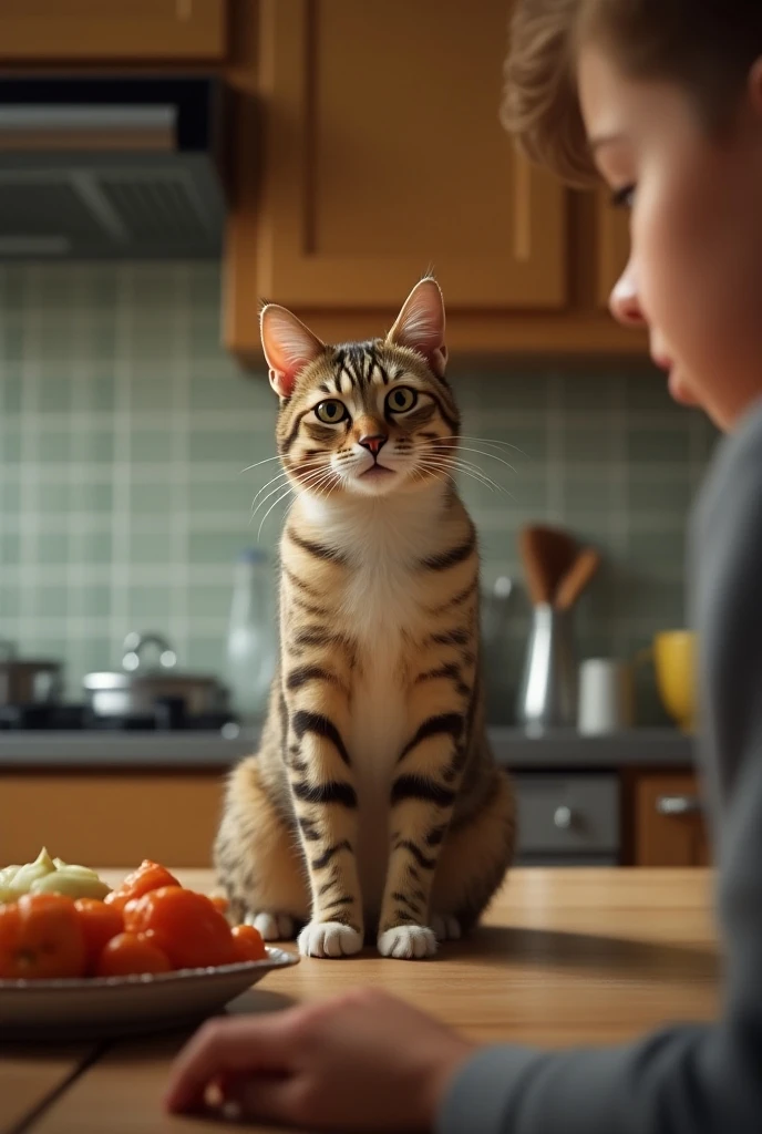 
  At the kitchen  - The cat looks at him with a disapproving look, as if it already knows things will go wrong.
   - 