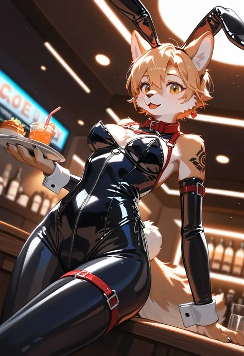 repay, repay,     high quality illustration  , masterpiece,  super high definition,    detailed background , Cafe,  absurd,  Perfect Anatomy, performance, Good lighting, Shadows in the movies(kemono, Furry Personifi猫ion), rubber bunny suit ,  latex bunny s...