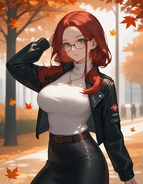 (close up), score_9, score_8_up, score_7_up, score_6_up, score_5_up, score_4_up, 1 girl, burgundy hair, ((long hair)), oval glasses, two low ponytails, green eyes, black clothes, ((black Puffer Jackets)), ((fur)), turtleneck, big breasts, skirt, autumn, le...