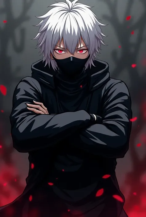 18-year-old anime character in black ninja costume with white hair and red eyes wearing black masks with their hands crossed and are laughing maliciously and behind the pyramid of Jisa