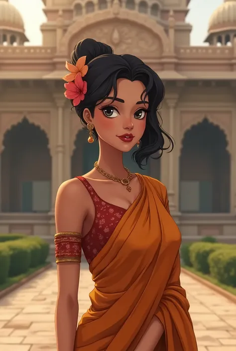 A beautiful Indian aunty ,in anime style looking sexy in front of a mandir not wearing a blouse only a sari