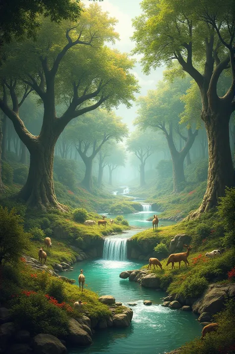  Scenario of the creation of the Garden of Eden : A glorious scene of creation ,  showing a paradisiacal landscape .  Fruit trees of different species,  peaceful animals wandering together ,  a crystalline river cutting through the garden ,  all under a so...