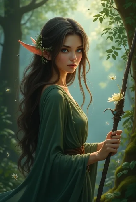 I want to create an image of an elf  with very long dark brown hair with golden highlights, with big blue eyes, a magic wand in an enchanted forest, a soft image in Green tones. 