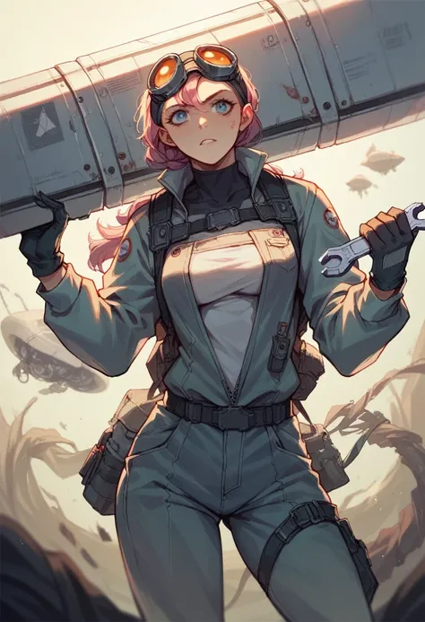 Female Starship mechanic, sci-fi, goggles, holding a wrench, jumpsuit, flirtatious, spaceport