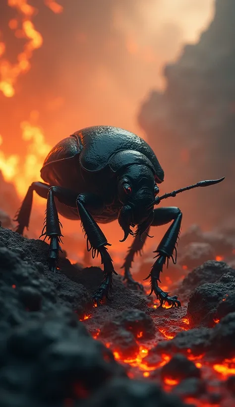 A black beetle ,  explores a burning world ,  surrounded by thick smoke and a bubbling sea of magma.