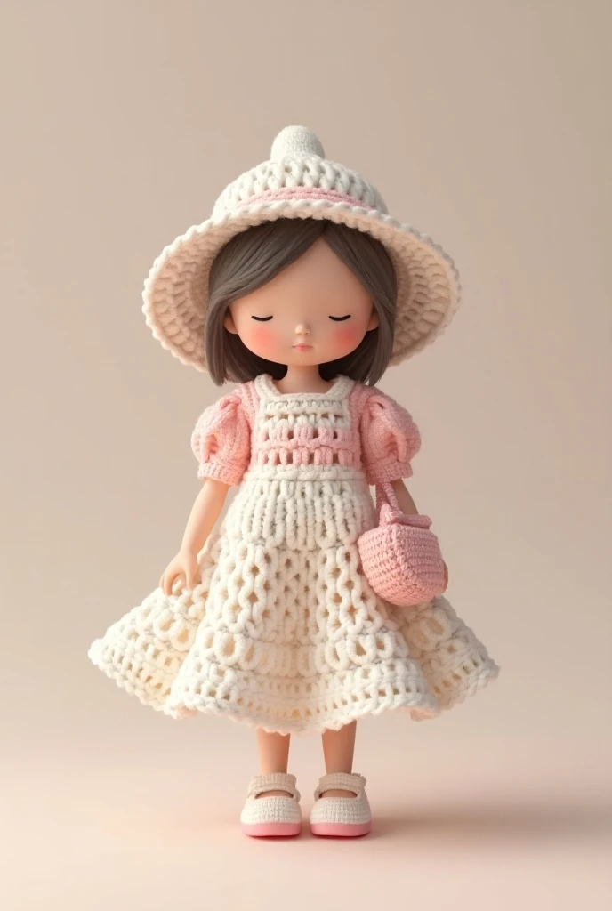 3D style doll wearing pink and white crochet dress with open crochet stitches and pink crochet bag