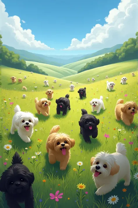 A large meadow with lots of Havanese