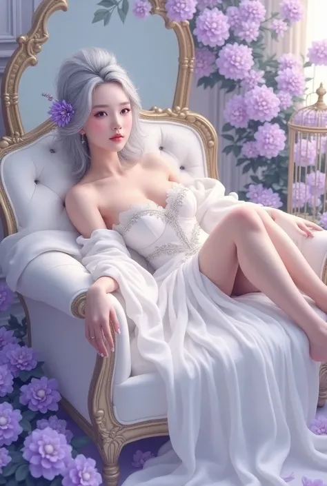 asian girl 18 years,  The image shows a person lounging on a white sofa surrounded by an elegant arrangement of purple and pink flowers. The person has silver-white hair adorned with a small purple flower, and they are wearing a white outfit with delicate ...