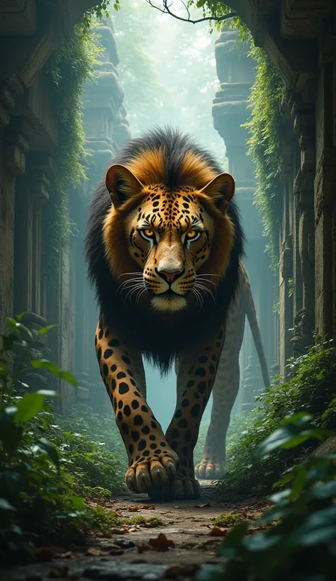 In the heart of a dense, overgrown jungle temple, a striking lion-jaguar hybrid prowls through the shadows. Its body is perfectly split, with the front half resembling a powerful lion, with a thick mane framing its face and golden eyes burning with intensi...