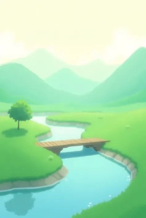 "Minimalist anime-style landscape of a serene valley. Foreground features a winding blue river with a wooden footbridge crossing it. Lush green meadow on both sides of the river, with a single tree on the left bank. Background shows layered misty mountains...