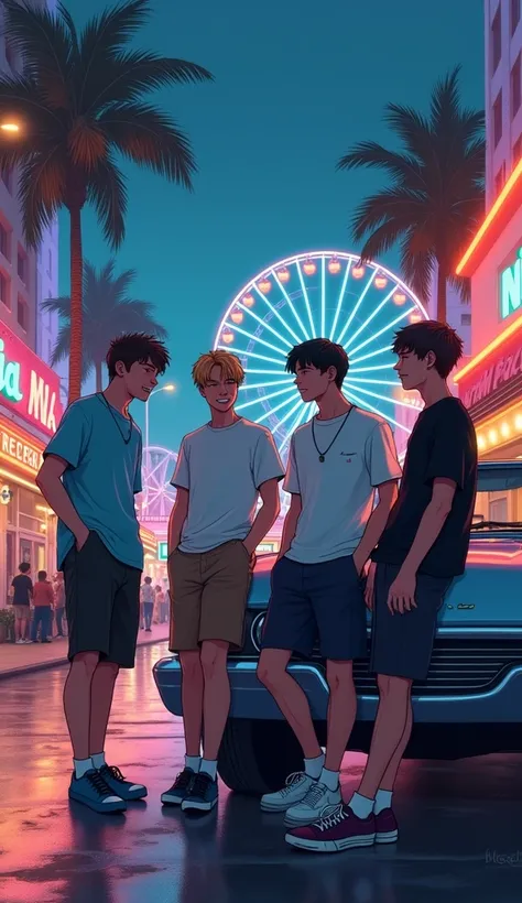 anime illustration of Photo of a four boys standing near the car by leaning on it and laughing and watching the view of anime cyberpunk Miami Bayside market , neon lights, miami vice vibes, , Ferris wheel at far away, with stars and roller coaster at far a...