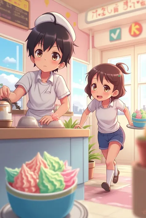 With anime art , two friends are working at an ice cream shop .  one is making ice cream and the other is slipping up delivering the ice cream to the customer