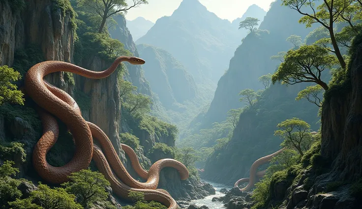 Huge titan pythons live in the mountains（ best quality on the tree，4K，8k， High Resolution，masterpiece：1.2），Super details