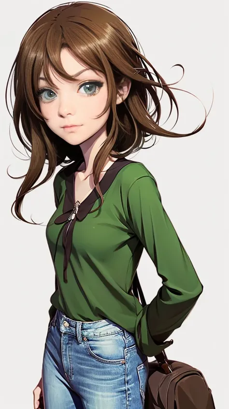  anime character of a woman wearing a black long-sleeved shirt and blue jeans,  brown hair curto, neck length , green eyes,  a digital painting inspired by Tomer Hanuka , trend on pixiv, serial art,  heavy gesture style close-up ,  Full Body Details , wear...