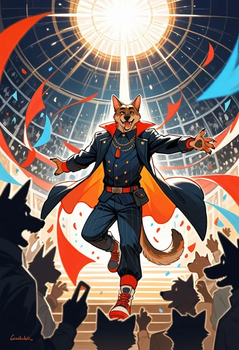 rating_safe, score_9, score_8_up, score_7_up, score_6_up, score_5_up, score_4_up, hires, source_furry,（Charismatic man with a top knot, On a lively stage, Captivate the crowds with an impressive light show）Vocalist Male Cartoon、Anthropomorphic Scottish Ter...