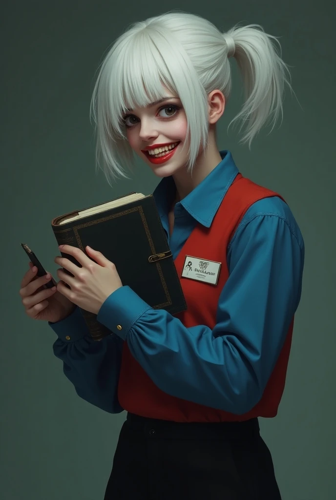 Character in realistic style,  short white hair in a ponytail ,  holding a diary , wearing a blue shirt bigger than the character with long sleeves covering hospices hands , wearing a red vest , Black pants and fringe cover the right side of her face and s...