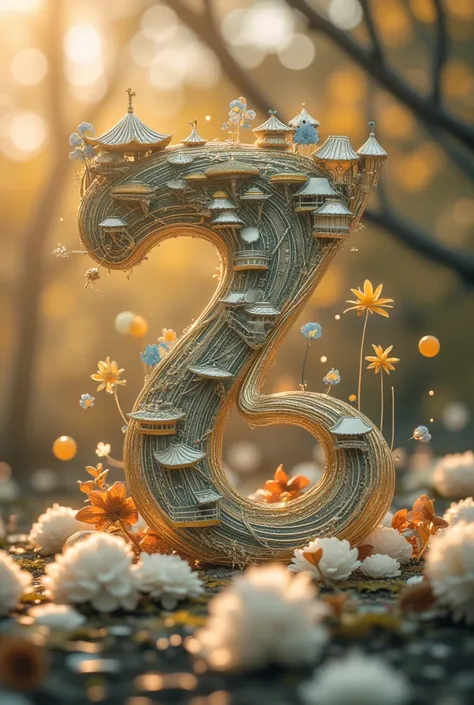 The numbers "7" and "5" are carefully drawn in 3D style with delicate golden lines. The number "7" is covered with distinctive buildings and flowers such as the Forbidden City, the Temple of Heaven,the Great Wall, and the beautiful peony flowers; while the...