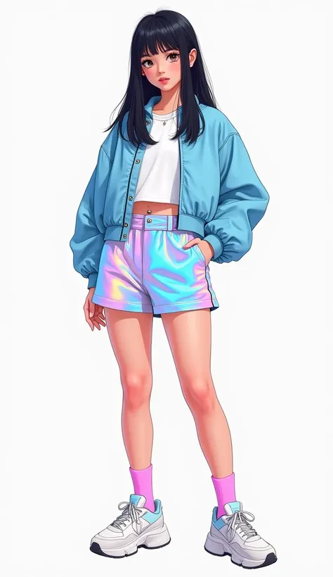 "An illustration of Anna, a 22-year-old with long, straight black hair, wears a cropped baby blue bomber jacket over a white oversized T-shirt and high-waisted holographic shorts. She completes her look with chunky white sneakers and pastel pink socks that...