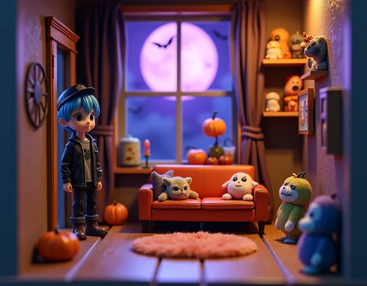 (masterpiece), (best quality), (ultra-detailed), an interior miniature diorama setup in a Halloween theme with cute little monster toys, stuff toys, fur rug, mini sofa in the middle, anime boy toy figure in a Halloween outfit and blue hair black cap standi...