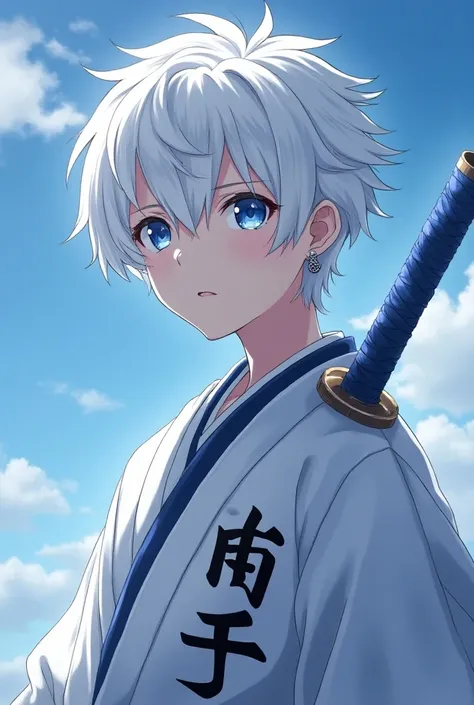 A slightly strong man , Blue eyes as if with glowing mystical energy,  short white hair and white kimono with black Japanese letters and a cape,  carries a white katana with blue , APATHETIC in appearance. And earring in one ear only . 19 years old realist...