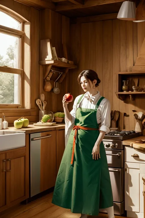 white rabbit, red ears,  is standing in a green apron ,  in its right paw holding an apple ,  in its left paw holding a carrot, looks thoughtfully,  looks thoughtfully in the background The wooden kitchen 